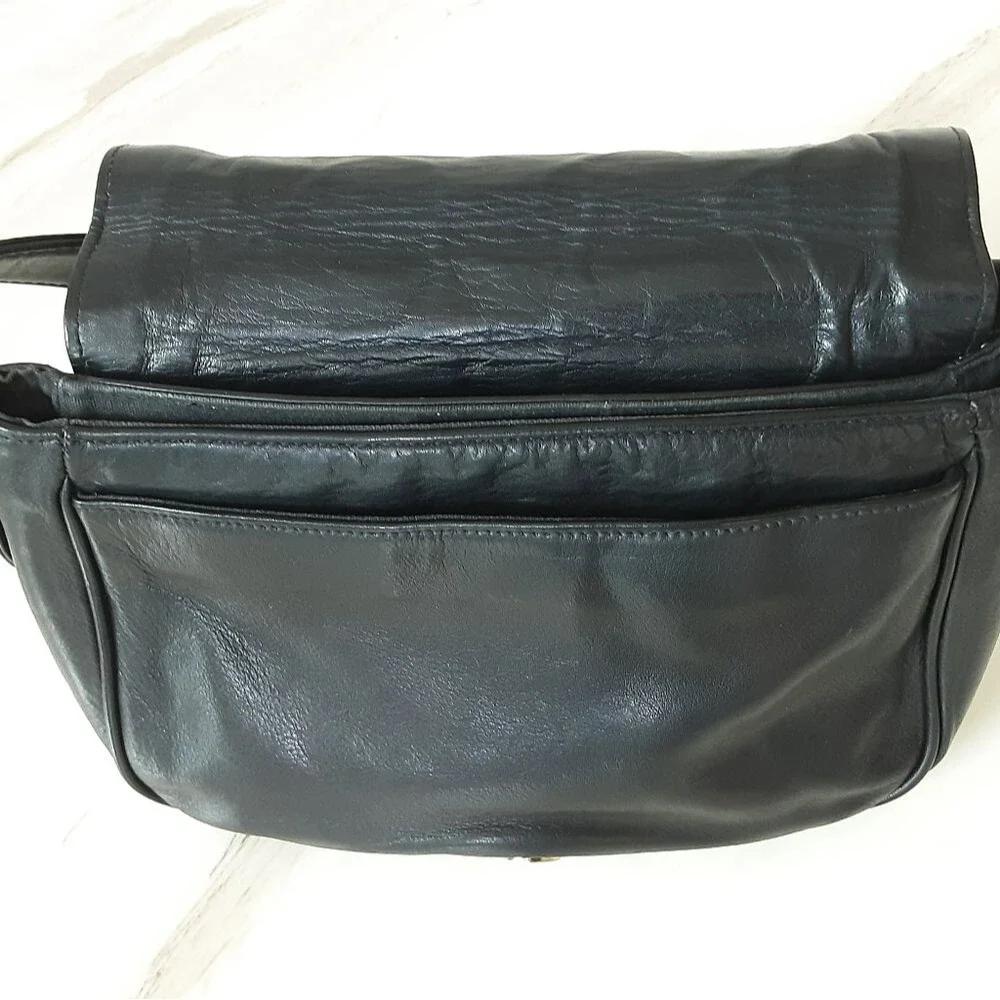 ANNE KLEIN II Logo Black Leather Fold-Over Flap Shoulder Crossbody Bag-Vtg 90's